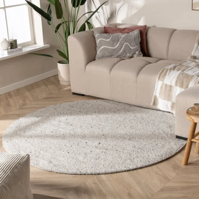 NATURL. Rond wollen vloerkleed - Feline Grijs/Gemeleerd | Isolerend - Ø 100cm