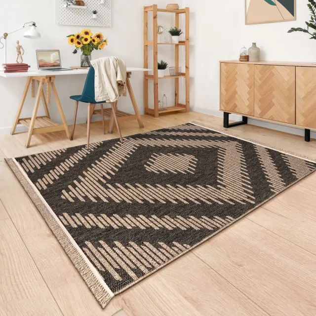 TT Home Binnen- en buitentapijt Woonkamer Weerbestendig Balkon Boho Geo Motief 3D Franjes 160 x 220 cm Rechthoek 160 x 220 cm Rechthoek antraciet