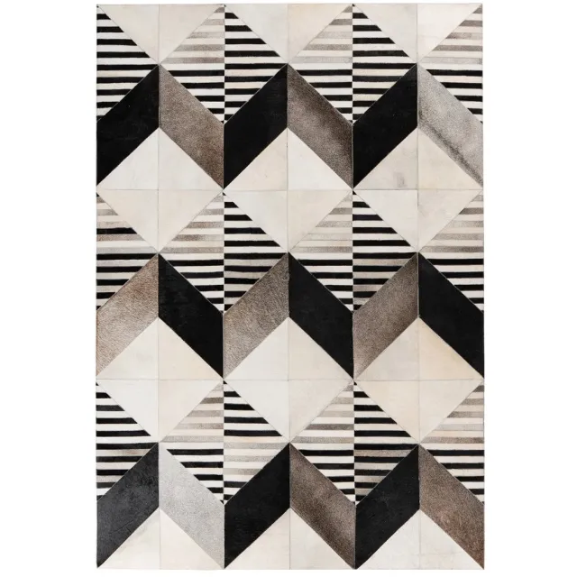 Padiro leren designvloerkleed - donkergrijs - modern patchworkontwerp - met strepen en geometrisch patroon - voor vloerverwarming - met de hand genaaid - van leer