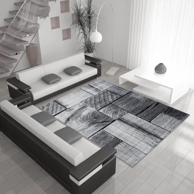 Ayyildiz Laagpolig vloerkleed met 3D-houtdesign, zwart, geschikt voor de woonkamer, met jute achterkant