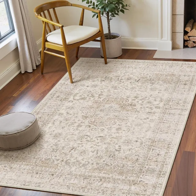 Ibenzoa Zacht en Wasbaar Vintage Tapijt voor Woonkamer en Slaapkamer, 120 x 170 cm, Antislip Laagpolig beige