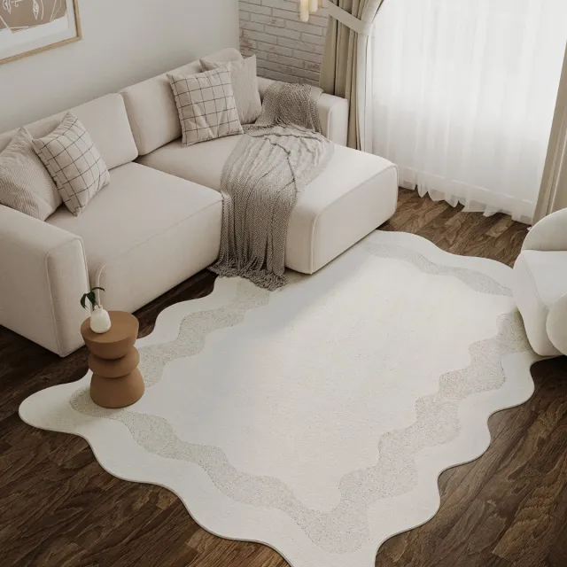 Tapiso Terra Vloerkleed - Organische Vorm met Golvende Rand - Woonkamer & Slaapkamer - Laagpolig Tapijt - 3D-Effect - Crème Wit - OEKO-TEX - 180x250 Creme Wit2