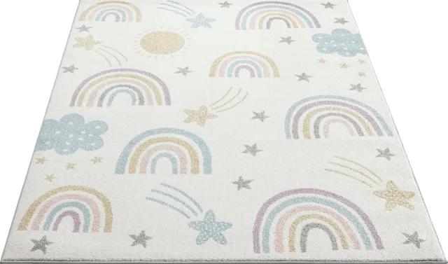 the carpet Beat Kids modern zacht kindertapijt, zachte pool, gemakkelijk te reinigen, kleurecht, regenboog & sterren motief, crème met regenbogen en wolken, 120 x 170 cm