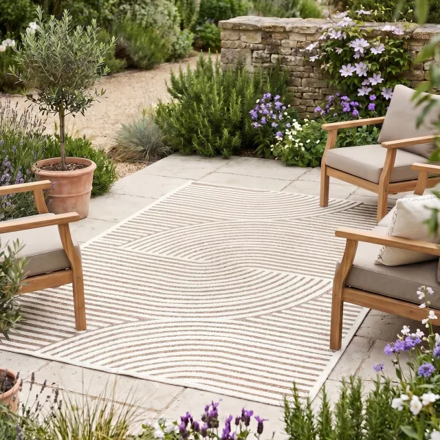 Fraai Modern binnen- en buitenkleed - Nori Curves Wit/Taupe - 200x290cm