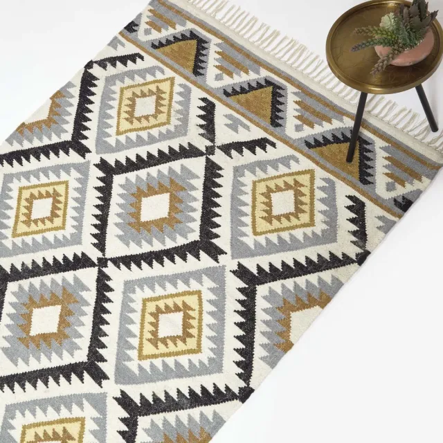 Homescapes Kilim tapijt Agra 120x170 cm – handgeweven tapijt van wol en katoen Kleurrijk: Geel, Goud, Grijs, Zwart, Wit