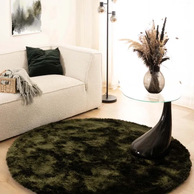 Tapeso Shaggy vloerkleed rond - Spark olijfgroen 100