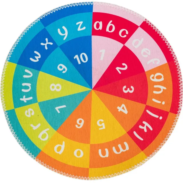 Padiro rond speels kindervloerkleed - lichtblauw - met cijfers- en lettermotief - voor vloerverwarming - van polyester en katoen