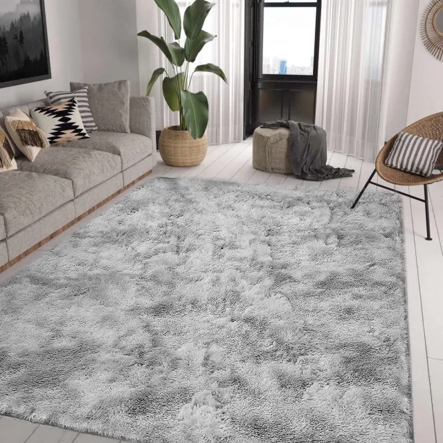 Ibenzoa Luxueus Hoogpolig Tapijt voor Woonkamer en Slaapkamer met Zachte Shaggy Textuur, Antislip, Grijs-Wit, 160 x 200 cm
