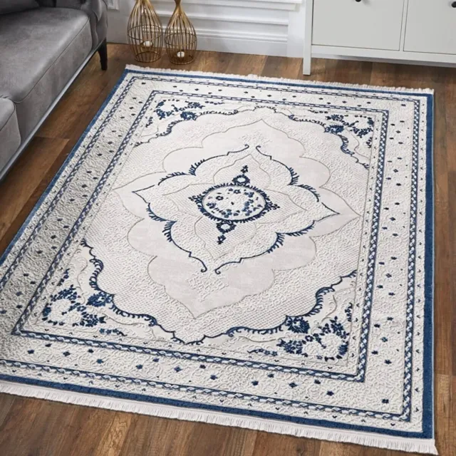 Woodman Carpet ARTOIS - Creme-Blauw - 200x290cm, Laagpolig vloerkleed met franjes