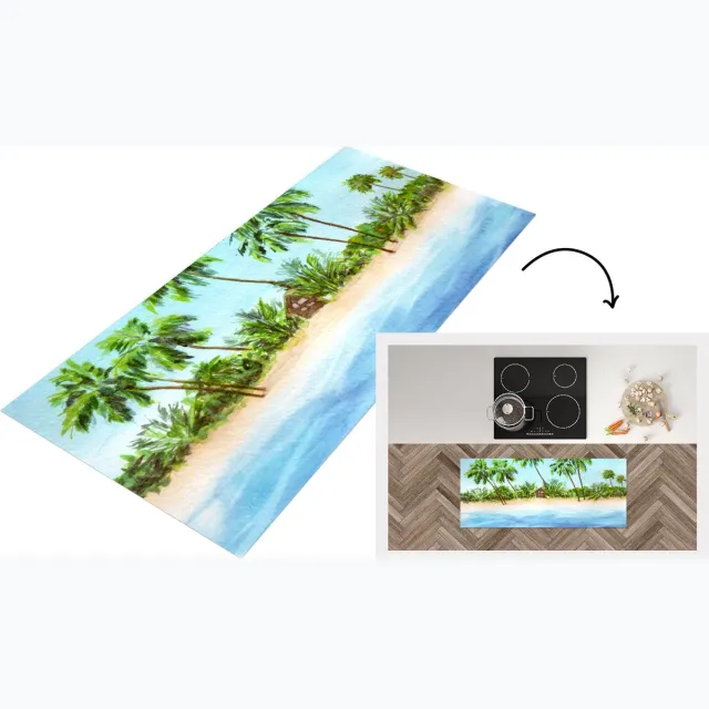 KitchenYeah Keukenloper - Loper keuken - Zee - Hut - Palmboom - Keukenloper vinyl Multicolor