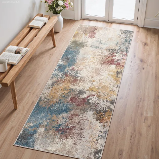 Famanu Vloerkleed voor woonkamer, wasbaar laagpolig tapijt, onderhoudsvriendelijk, geschikt voor slaapkamer, keuken en eetkamer, rood en blauw, 80 x 150 cm