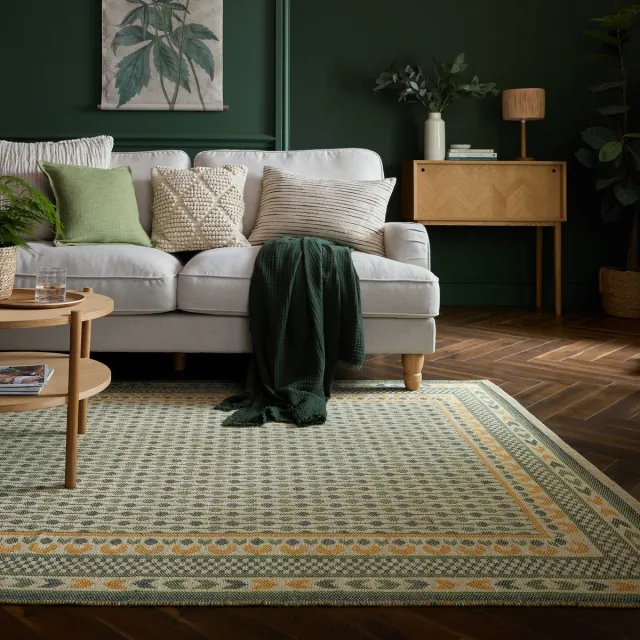 flycarpets Laagpolig Geweven Jute Vloerkleed - Rand - Kader - Groen 200x290 cm