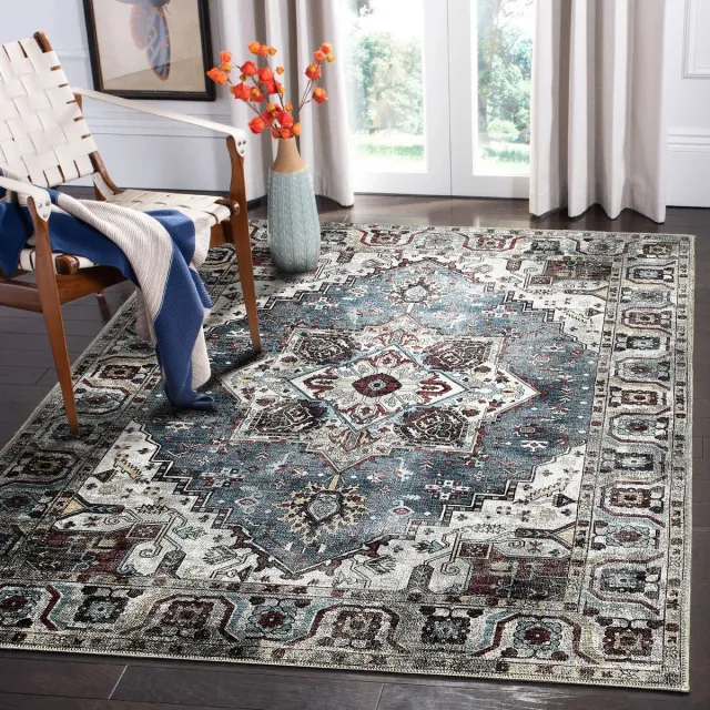 Netline Home Vloerkleed Woonkamer - Wasbaar - Antislip Vloerkleed Van Geweven Katoen - Vintage Boho Vloerkleed voor Slaapkamer, Keuken, Hal en Salon (Blauw Rood, 160 x 230 cm)