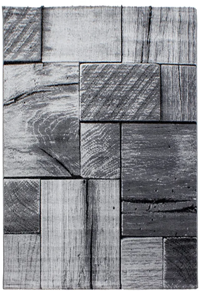 Parma Laagpolig vloerkleed met 3D-houtdesign, zwart, geschikt voor de woonkamer, met jute achterkant, afmetingen: 240 x 340 cm Grijs
