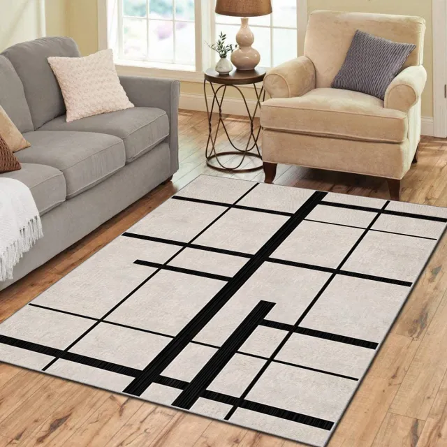 Zeo Wood Vloerkleed - Tapijt Woonkamer - Vloerkleed 160*230 cm - Anti Slip - Machinewasbaar Zwart Lijnenspel