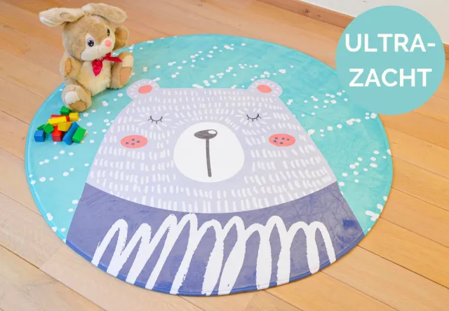 Mats & Joy Blauwe Beer Kindertapijt Rond 130cm - Ultrazacht Kinderkleed - Anti-slip - Wasbaar Tapijt Kinderkamer / Speelkleed / Kindermat / Rond Vloerkleed / Speelmat / Kindervloerkleed / Tapijt Kinderen