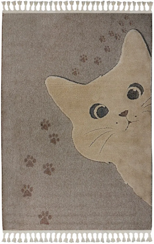 Padiro speels kindervloerkleed 160 x 230 cm - donkerbeige - speels kindermotief - met kattenmotief - van polypropyleen en jute