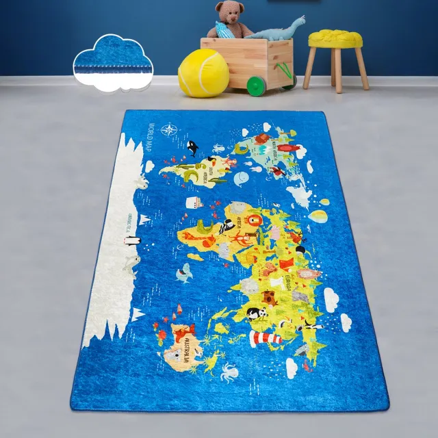 Bosdela Kinder- en Babykleed Wereldkaart Wasbaar vloerkleed voor kinder- en babykamers, 100x160 cm, zacht, ideaal voor speelkamers en verschoonruimtes. blauw