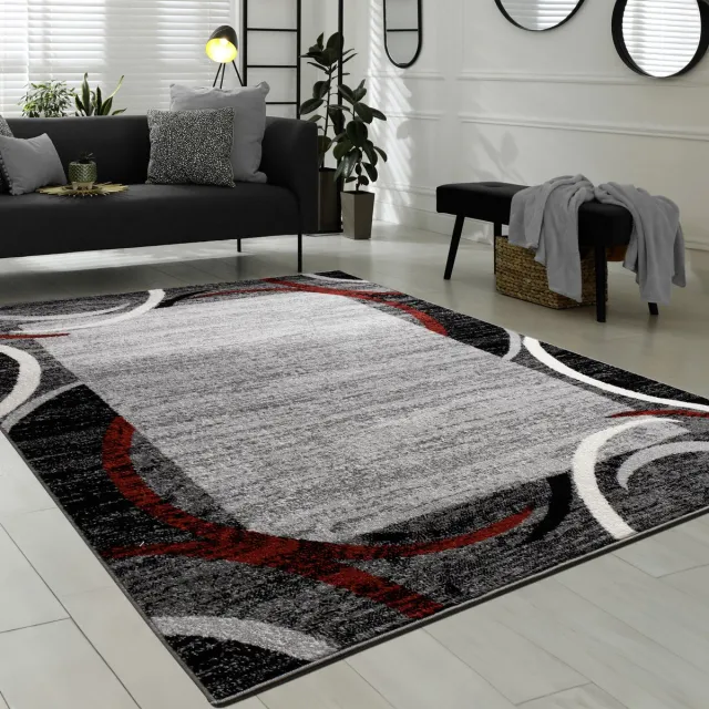 flycarpets Sinovo Modern Vloerkleed - Grijs / Rood - Laagpolig Tapijt Woonkamer