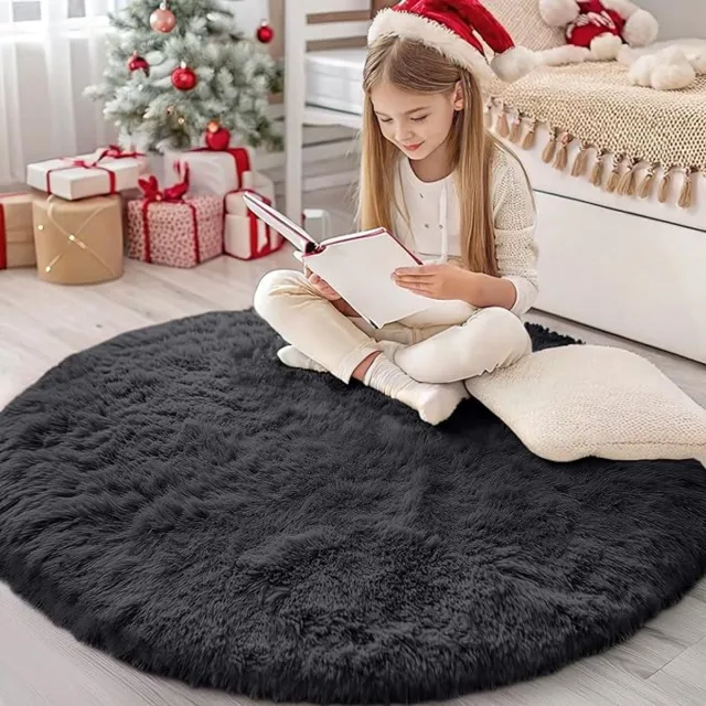 OLANLY Pluche Tapijt - Zwart - Hoge Pluis - Geschikt Voor Woonkamer En Slaapkamer - 122x122 cm - Rond