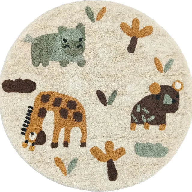 Mats & Joy Vloerkleed Kinderkamer Jungle Dieren Ø 100 cm – 100% Katoen – Wasbaar – Zacht Kindertapijt – Babykamer Tapijt Beige