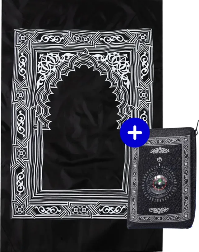 Djitee Prayi - Gebedskleed - Voor op reis - 100x60 cm - Waterdicht - Met kompas - Inclusief opbergtasje Zwart/Wit