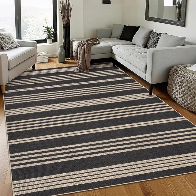 Triumpunpre Vloerkleed Modern Linnen Look Zwart Wit 160x230 cm Wasbaar Opvouwbaar Woonkamer