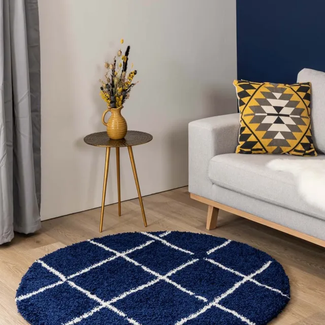 Boho&me Rond hoogpolig vloerkleed ruiten Artisan - marineblauw/wit 240