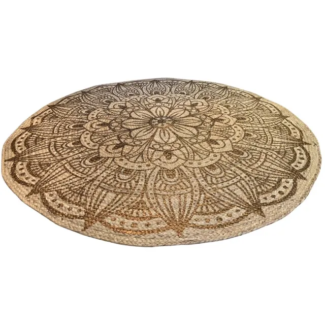 Rocaflor Vloerkleed-jute-rond-bruin-mandala-print-koper-120cm