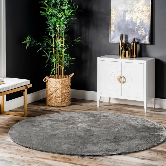 flycarpets Rond Solid Wasbaar Effen Vloerkleed - Grijs - 160x160 cm