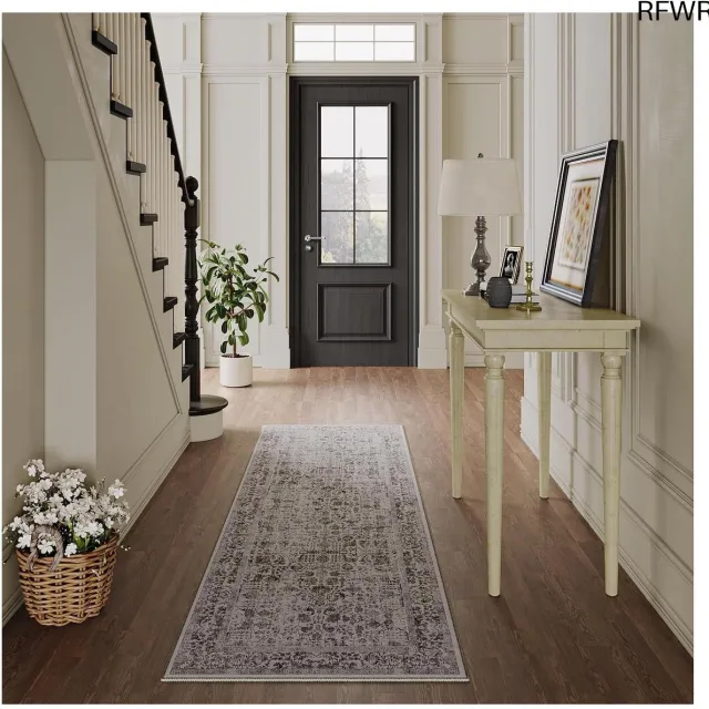 RFWR Vintage Antislip Vloerkleed Zwart 60x180cm - Machinewasbaar Tapijt voor Keuken en Woonkamer Intens Zwart