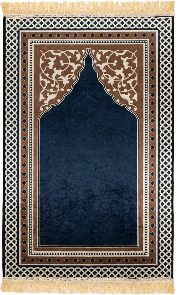 Jannah Islamitisch Gebedskleed - Gebed Kleed - Gebedskleed Islam - Gebedsmat - Kleed - Ramadan - Eid Muburak - 80 x 120 cm donkerblauw en bruin