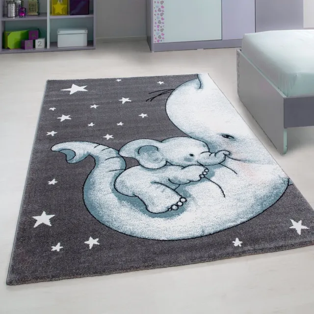 flycarpets Flycarpets - Kids Kinderkamer Olifant Blauw Vloerkleed - 140x200 cm Grijs