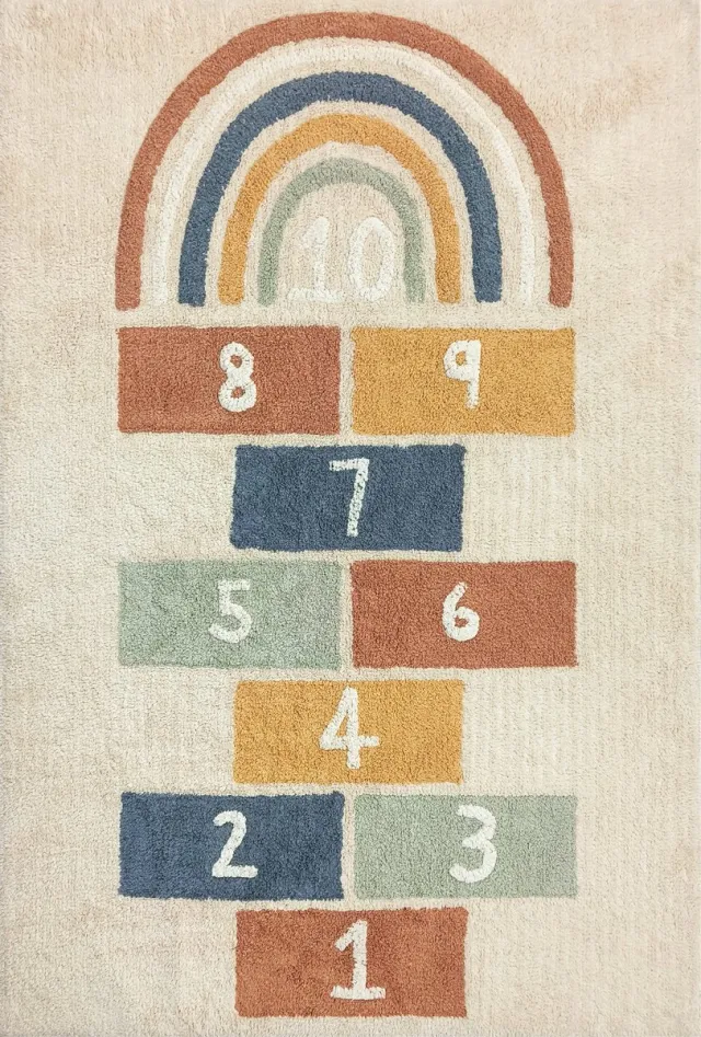 Mats & Joy Hink Stap Sprong Kinderkamer Vloerkleed 120 x 180 cm - Katoen - Wasbaar - Zacht Kindertapijt - Kinderkamer Tapijt - Hinkelspel - Cotton Collection crème
