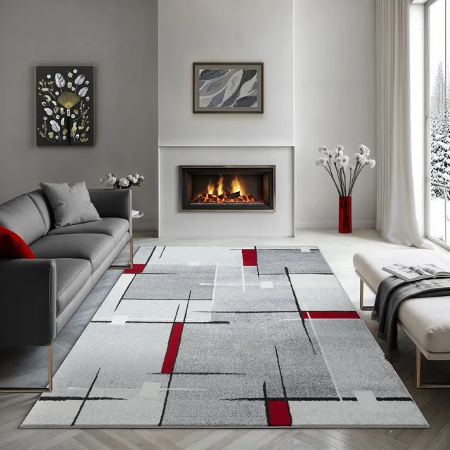 the carpet Pearl Moderne dichte korte pool woonkamer slaapkamer vloerkleed, contour gesneden, Grijs Rood, 80 x 140 grijs rood met geometrisch lijn- en blokdesign