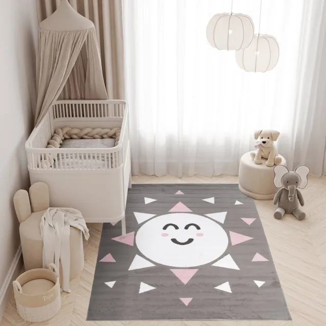 Tapiso Pinky Vloerkleed Grijs Kinderkamer Kleed Speeltapijt Dieren Grijs Wit Roze 1