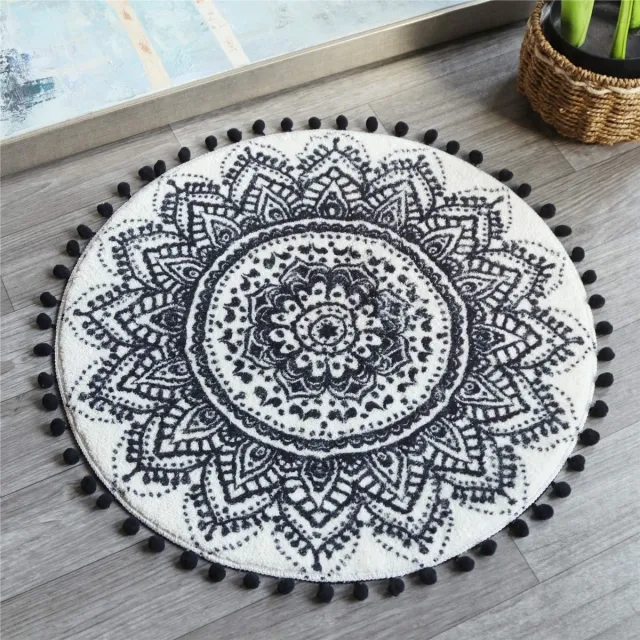 Unyqoos Rond vloerkleed met pompon franjes en antislip voor elke ruimte Zwarte Mandala