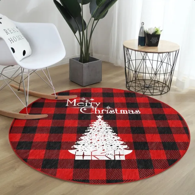 De Groen Home Rond Vloerkleed Ø120cm - Kerstboom - Wasbaar Antislip Laagpolig Tapijt - Christmas - Kerst vloerkleed Zwart