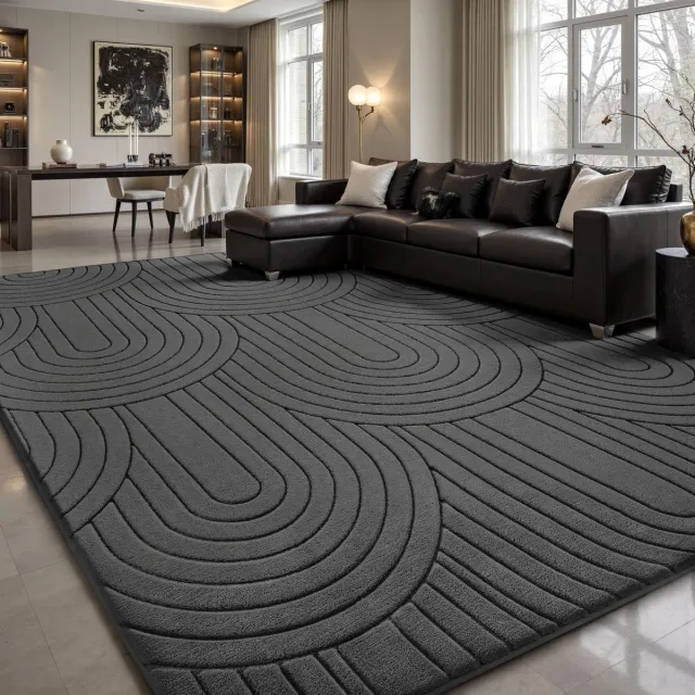 Famanu Laagpolig vloerkleed met 3D-effect, machinewasbaar en antislip, ideaal voor woonkamer en kinderkamer Zwart