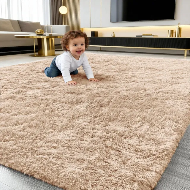 Famanu Pluizige tapijtloper, hoogpolig en wasbaar, 80 x 150 cm, camel kleur, perfect voor gangen en woonruimtes Zwart