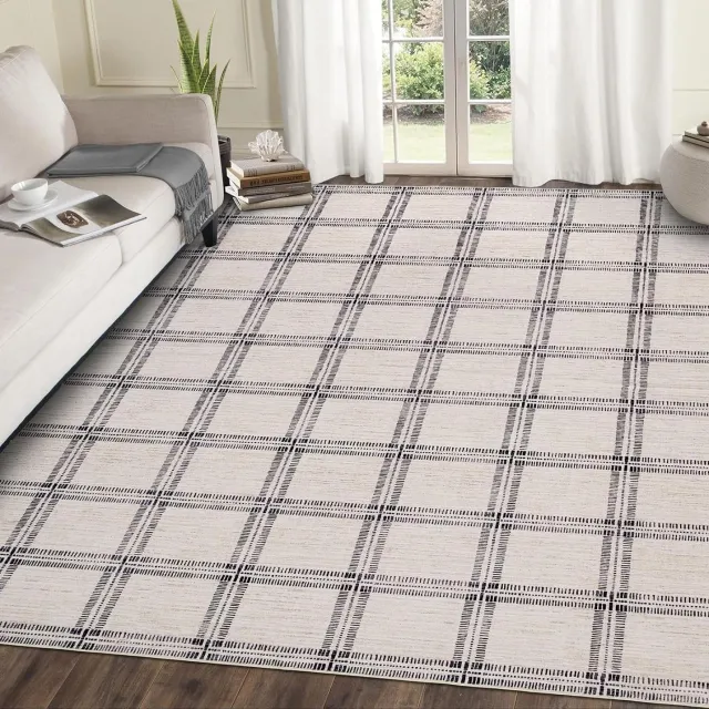 Triumpunpre Washbaar Vloerkleed - Opvouwbaar Printtapijt met geometrisch lijnpatroon met Antislip TPR Onderkant - Beige 200 x 290 cm