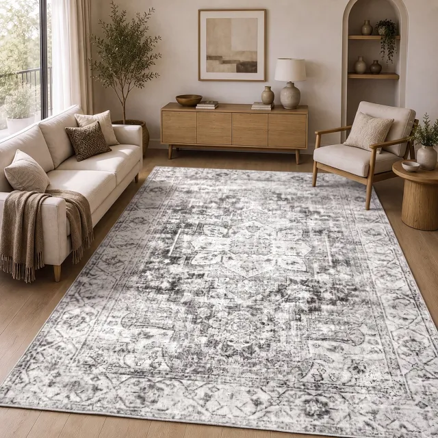the carpet Zen Vloerkleed – Vintage Oosters Ornament Design – Wasbaar & Antislip – Grijs – 200 x 280 cm grijs ornament
