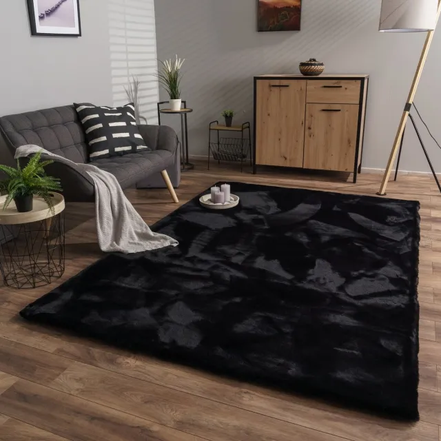TT Home Woonkamer hoogpolig tapijt langpolig zacht konijnenbont imitatie zacht 120 x 160 cm Rond 120 x 160 cm Rond zwart