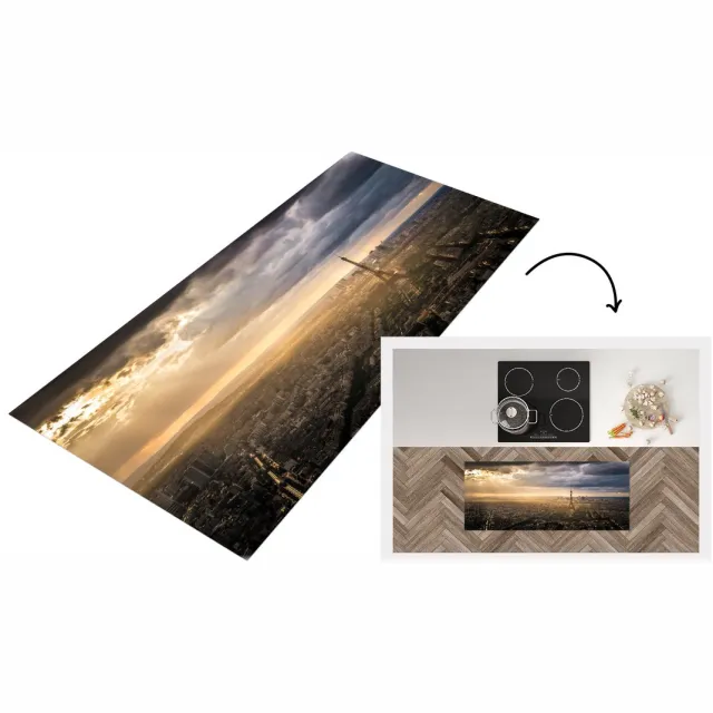 KitchenYeah Keukenloper - Loper keuken - skyline over Parijs met heldere zonnestralen die de Eiffeltoren verlichten - 120x50 cm - Keukenloper vinyl Multicolor