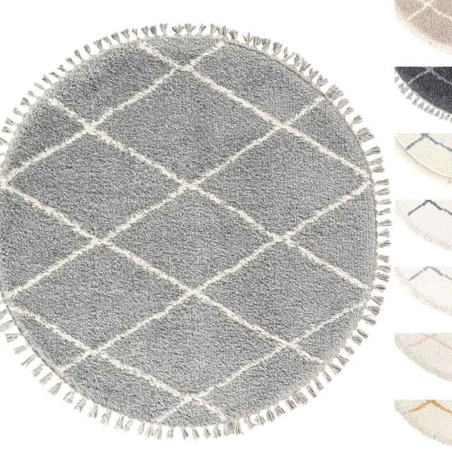 TESSO LIVING Vloerkleed Shaggy Rond, Tapijt, Grijs, Hoogpolig, 120cm Cirkel, Superzacht, Franjes, Berber stijl