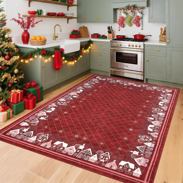 Triumpunpre Kerst Vloerkleed 80x150 cm - Kersttapijt Sneeuwhuis en Sterrenhemel Design Rood - Zacht Wasbaar voor de Woonkamer