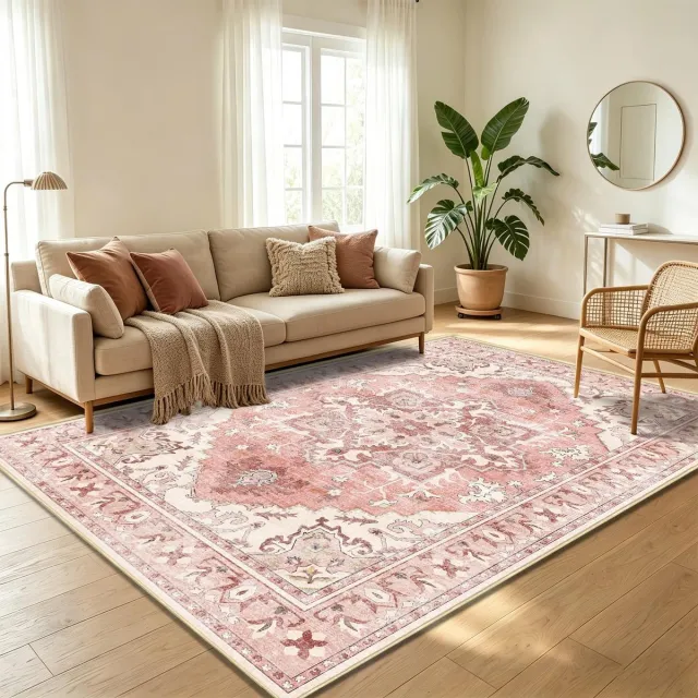 Famanu Perzisch stijl vloerkleed, kortpolig en machinewasbaar, antislip, 120x160 cm, zachtroze, geschikt voor slaapkamer en woonkamer