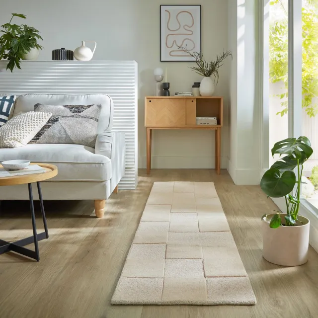 flycarpets Loper - Laagpolig vloerkleed Checkerboard - Naturel / Creme 60 x 230 cm