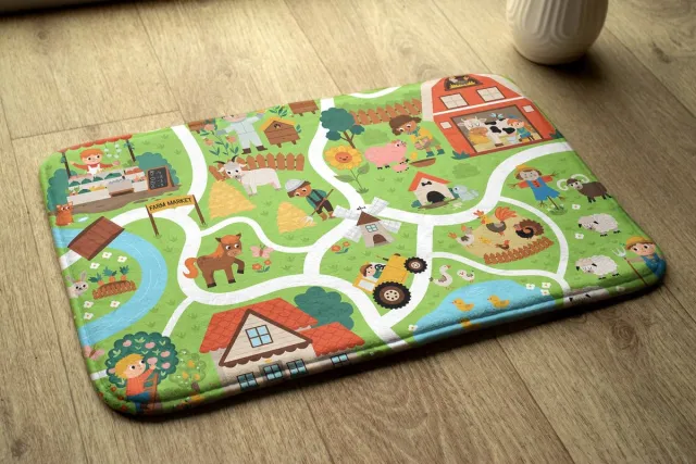 Coloray Vloerkleed voor Kinderkamer - Groente Klein Tapijt - Boerderij Met Kinderen Vloerkleed - Bruin Accenten Laagpolig Tapijt - Antislip Vloerkleed Voor Slaapkamer - 75x45 cm Groente - Boerderij Met Kinderen