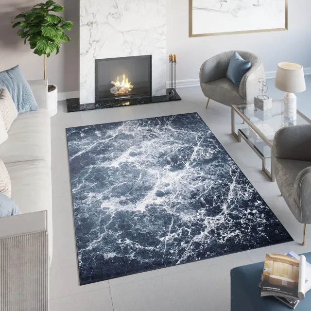 Tapiso Toscana Vloerkleed Grijs Blauw Marineblauw Marmer Tapijt Grijs Marineblauw 2